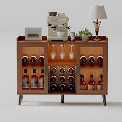 Vrijstaande wijnbarkast met wijnrek en ledverlichting, dressoir en buffetkast voor de keuken, koffiebar met glashouder en glazen deur voor de woonkamer en eetkamer.
