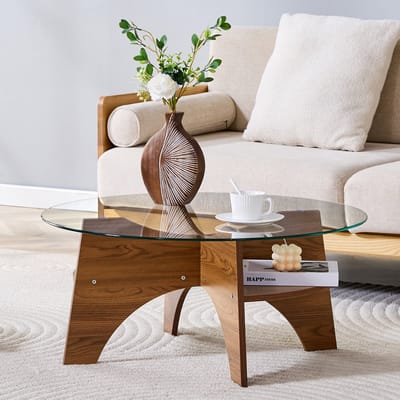 Moderne ronde bijzettafel van veiligheidsglas - Ø 80 cm, multifunctioneel ontwerp. Waaiervormig frame. Tafelpoten van MDF met een walnootafwerking. Ideaal voor eetkamers, woonkamers, kantoren, etc.