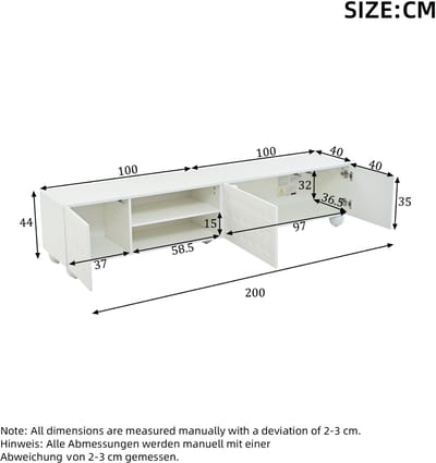 200*40*44cm tv-meubel, 3-deurs woonkamerkast, kastdeuren met print, een 200 cm lange tv-standaard, tv-meubel met 5 poten, laag meubel, geschikt voor tv's tot 80 inch. Wit