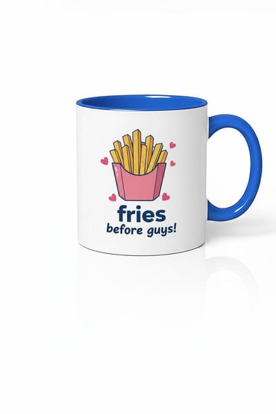 Grappige "Fries Before Guys" Mok met Frietjes Design - Blauw & Wit Keramiek