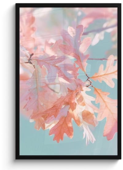 Poster in lijst - Fotolijst 60x90 cm - Posters - Eikenbladeren - Takken - Roze - Posterlijst zwart - Decoratie - Wanddecoratie woonkamer - Muurdecoratie slaapkamer