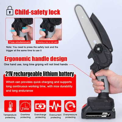 21V 6 inch draagbare elektrische snoeizaag, kleine houtsplijtkettingzaag met borstelmotor, houtbewerkingsgereedschap met één hand voor gebruik in de tuin of boomgaard