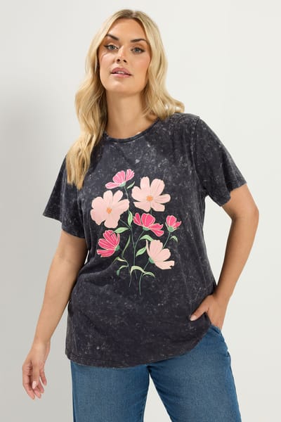 Yours Grijs Acid Wash Tshirt Met Bloemenprint Size 42