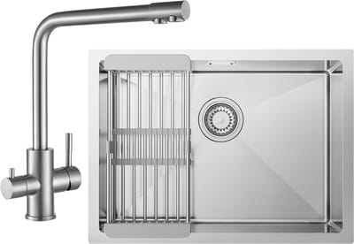 CECIPA max Spoelbakken Keuken 60X44CM - Enkele spoelbak Met 3 Wege Keukenkraan - Spoelbak Keuken van roestvrij staal - Spoelbakken met afdruip - Zilver