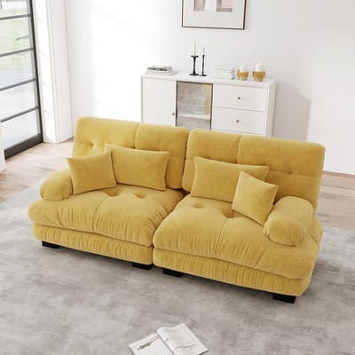 Komhtom Cloud hoekbank voor de woonkamer, tweezitsbank van chenille met 2 rugkussens en 2 sierkussens, frame van massief hout, geel