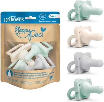 Dr. Brown's HappyPaci Fopspeen 0-6 Maanden (4 Stuks) – Ergonomisch Eendelig Ontwerp – 100% Siliconen – BPA-vrij – Groene/Grijs