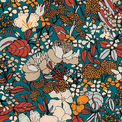 Bloemen behang Profhome 377562-GU vliesbehang glad met bloemen patroon mat blauw petrol beige oranje 5,33 m2
