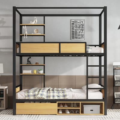 Pugsdrly Stapelbed, bed van ijzer, ijzer + MDF, dubbele opbergplank aan de zijkant van het bed, stabiele zijhekken en ladders, opbergruimte onder het bed, bedgordijn dat aan het bovenste bed kan worden bevestigd, zwart + naturel