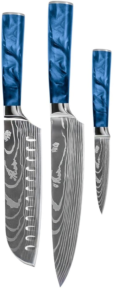 Shinrai Knives - Damascus Print Epoxy Sapphire 3-delige Messenset - Koksmes + Santoku + Schilmes