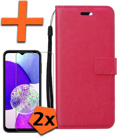 Hoes - Met 2x Screenprotector - Geschikt voor Samsung Galaxy A14 - Luxe Pasjeshouder - Bookcase Portemonee - Flip Case - Kunstleer Book Case - Flipcase Hoes - Book Cover - Walletcase - PortemonneeHoes - Donkerroze