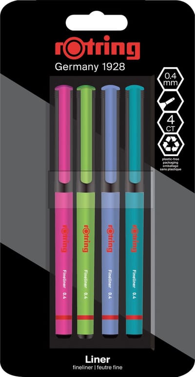 rOtring Liner Fineliners | 0.4 mm | Kleurpennen voor schrijven en tekenen | Verpakking zonder plastic | Verschillende leuke kleuren | 4 fijnschrijvers
