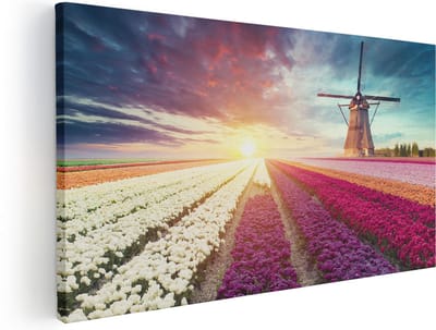 Artaza Canvas Schilderij Tulpenveld - 40x20 cm - Klein - Wanddecoratie Molen - Muurdecoratie Bloemen - Schilderijen Op Canvas Holland