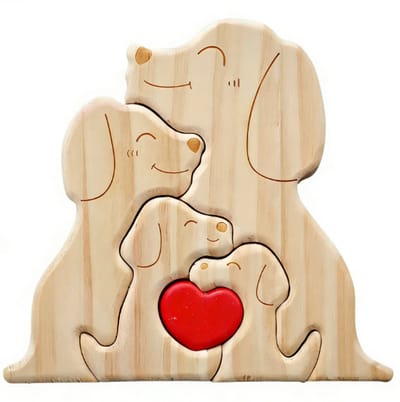 Hartverwarmende Houten Hondenfamilie Puzzel – Handgemaakte Massief Hout Decoratie – Persoonlijk Familiecadeau & Bureaudecoratie