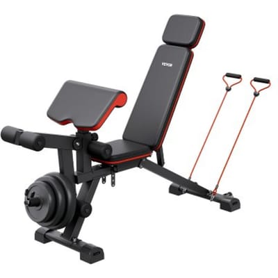 VEVOR Halterbank Verstelbare Trainingsbank voor Full Body Workout (363 kg draagvermogen), Sit-up Trainingsbank Fitnessbank Vlakke Bank met Beenstrekker, Preacher Pad, Snelle Verstelling
