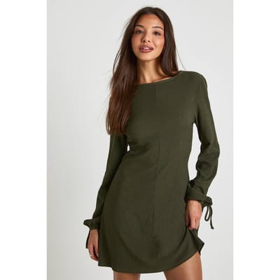 boohoo Dames Getextureerde shiftjurk met volumemouwen | Khaki | Maat: 8