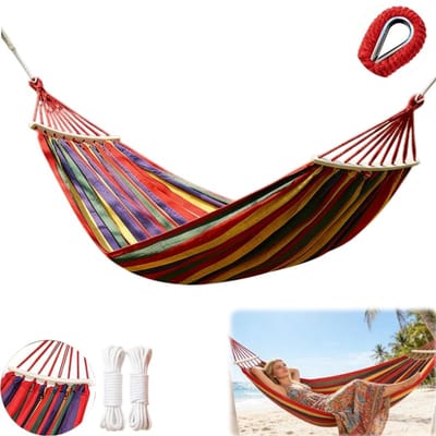 Hangmat voor buiten - Draagbare hangmat - Campinghangmat - Eenpersoons - Campingbenodigdheden - Geschikt voor achtertuinen- stranden- campings en buitenactiviteiten - Rood - 260*80 cm - Draagvermogen 150 kg - Inclusief touw - Opbergtas