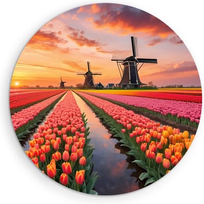 Saammp Muurcirkel Hout - Landschap - bloemenveld met molens en een zonsondergang - Natuur - Ø 90 - Wandcirkel - Wanddecoratie Cirkel - Muurdecoratie Woonkamer - Slaapkamer decoratie - Rond Schilderij