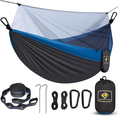Kampeerhangmat met net - Reishangmat parachute - Buiten ontspannen - 2-in-1 omkeerbaar ontwerp - 2268 kg draagvermogen - Donkergrijs en blauw