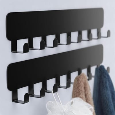 GELLDG Zelfklevende wandhaken met 8 haken - Handdoekenrek voor badkamer en keuken - Garderobekast zonder boren - Fotolijsthaken - 2 stuks - Zwart