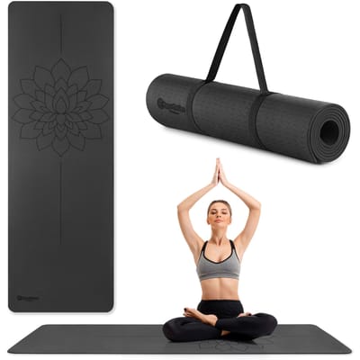 HyperMotion Yogamat TPE 6 mm 183x61 cm met Draagriem - Antislip Fitnessmat voor Yoga, Pilates & Stretching - Zwart Lotus
