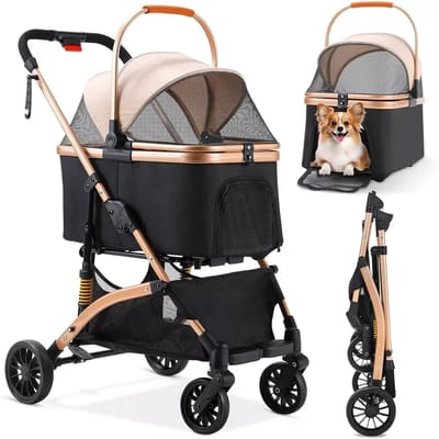 LUMÈ STORE Hondenbuggy 2 in 1 – Opvouwbare Hondenwagen – Kattenbuggy – Kleine Hond Kat – 40KG – 360 Wielen – Opbergmand – Roségoud