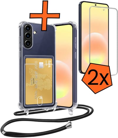 Hoesje Geschikt voor Samsung A57 Hoesje Met Telefoonketting Pasjeshouder Shockproof Case Met 2x Screenprotector Koord - Hoesje Geschikt voor Samsung Galaxy A57 Hoes Met Kaarthouder - Transparant