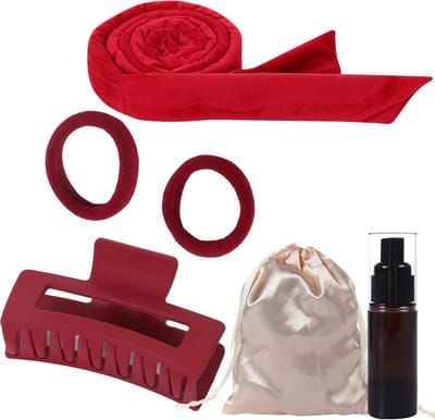 set van 6, Haarkruller, krullen zonder hitte, hitteloze krulband, fluweel, hoofdband voor krullen 's nachts, antislip, doe-het-zelf haarkruller, haarband, voor halflang haar,Met een lege fles, Rood