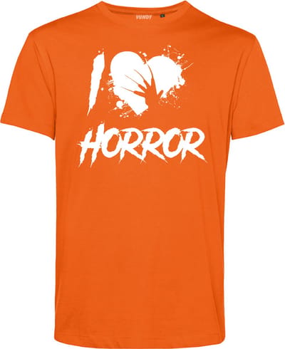 T-shirt I Love Horror | Halloween Kostuum Volwassenen | Horror Shirt | Gothic Shirt | Oranje | maat XS