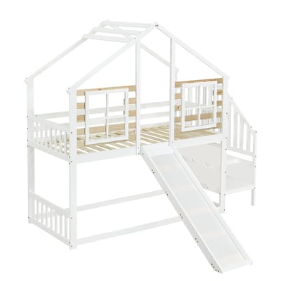 Stapelbed met Glijbaan - Boomhutbed - Kinderbed - Etagebed - Massief Hout - Trap - Uitvalbeveiliging - Speelbed - Kinderkamer - 90x200cm - 1 Stuk - Wit