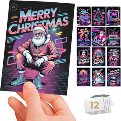 Inspra Studio – Luxe Kerstkaarten met Enveloppen – 12 Stuks – Jaren 80 Wenskaarten Set 1+2 – Artistieke Illustraties met Nostalgische Retro Stijl