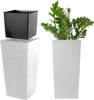 KADAX Bloempot, bloembak van kunststof, plantenbak voor bloemen, binnen en buiten, tuin, balkon, terras, huis, weerbestendig, rotan imitatie (46,5 cm hoogte, wit)
