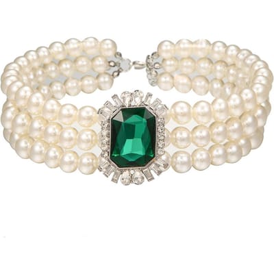 Meerlaagse Imitatie Parel Groene Kristal Choker Ketting Kraag Statement Boho Sleutelbeen Ketting Ketting Dames Sieraden beige