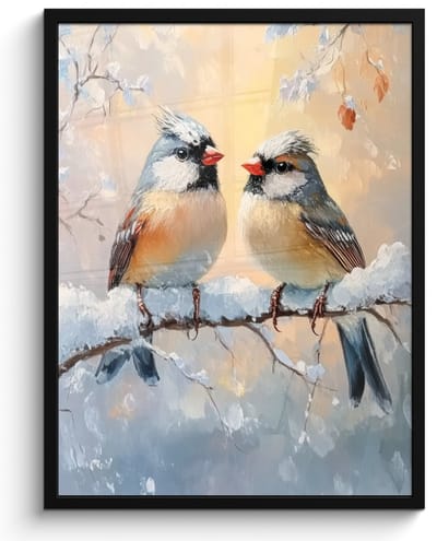 Poster in lijst - Fotolijst 50x70 cm - Posters - Vogels - Tak - Winter - Sneeuw - Posterlijst zwart - Decoratie - Wanddecoratie woonkamer - Muurdecoratie slaapkamer