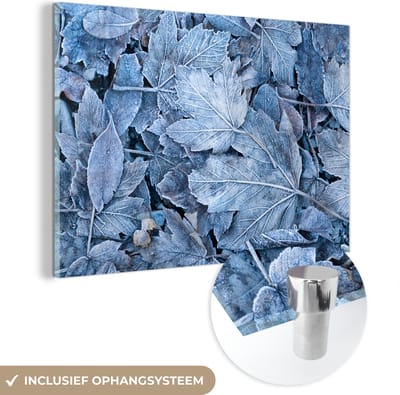 MuchoWow® Glasschilderij 120x80 cm - Schilderij acrylglas - Winter - Bladeren - IJs - Seizoenen - Foto op glas - Schilderijen