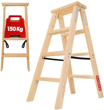 KADAX Houten ladder, ladder van hout, schilderladder, staande ladder, vouwladder, huishoudladder, vouwladder, dubbele trap ladder met stalen haken (4 treden)