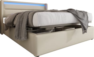 Merax 140x200 cm Tweepersoonsbed met Hydraulisch Opbergruimte - Bed met LED-Verlichting en Afstandsbediening - Wit