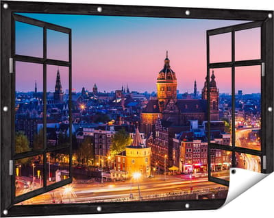 Gards Tuinposter Doorkijk Amsterdam Skyline bij Zonsondergang - 120x80 cm - Tuindoek - Tuindecoratie - Wanddecoratie buiten - Tuinschilderij