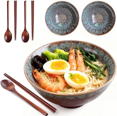 Set van 2 Keramische Ramen Schalen met Lepels en Etenstokjes - Ideaal voor Soep, Pasta en Salades - 1200 ml Inhoud