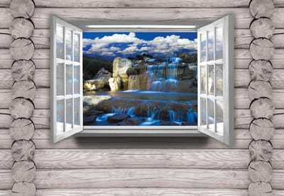 Fotobehang View Cottage Waterfalls Nature | XL - 208cm x 146cm | 130g/m2 Vlies