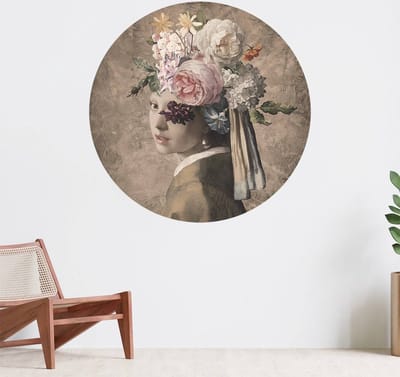 Muurcirkel zelfklevend behang - Meisje met de parel - flower design - Wanddecoratie - 080cm behangcirkel - Ronde sticker voor aan de muur - Behangsticker verkrijgbaar in verschillende formaten