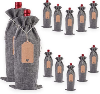 12-delige jute wijntassen met trekkoord, herbruikbare feestartikelen wijn cadeautas (Grijs)