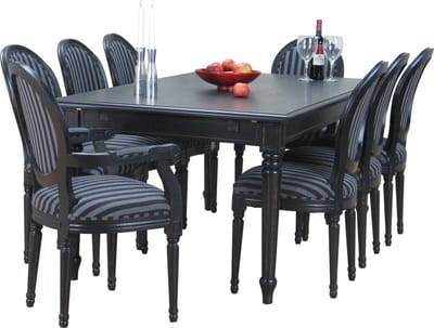 Zwart antiek patina barok eethoek Mozart met 8 Rococo stoelen zwart.