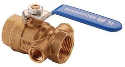 Raminex S28 Kiwa kogelkraan met aftapgelegenheid bi.dr. messing 1 x1 dn25 kiwa hendel blauw