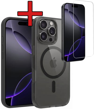 Hoesje - Met Screenprotector - Geschikt voor Apple iPhone 16 Pro - Magsafe Compatible - Sterk & Shockproof - Shock Proof Case - Back Cover - Telefoon Hoes - Telefoonhoes - Zwart