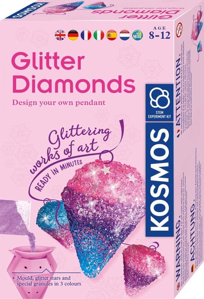 KOSMOS Glitter Diamonds - Experimenteerset - Maak Je Eigen Glitter Diamant Hangers - Ontwerp Sieraden in Roze, Blauw en Paars - Inclusief 4 Koorden - Creatieve Knutselset - Vanaf 8 Jaar