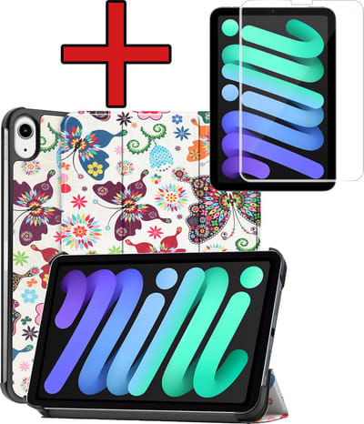 Hoesje - Geschikt voor Apple iPad Mini 7 (2024) - 8.3 inch - 7e Generatie - Met Screenprotector - Hardcover Book Case - Trifold Bookcase Hoes - Hard Cover - Tablethoes - Vlinders
