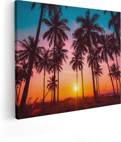 Artaza Canvas Schilderij Zonsondergang Strand - 50x40 cm - Wanddecoratie Palmboom - Muurdecoratie Zee - Kamer Accessoires