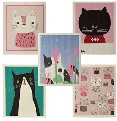 KABAKE Herbruikbare Zweedse vaatdoeken, 5 stuks, cellulosesponsdoeken, milieuvriendelijk, absorberend, herbruikbaar, keukendoek, milieuvriendelijk, geurloos schoonmaakdoekje (katten)