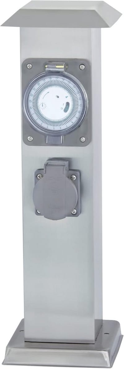 Roestvrijstalen Zuil met Timer en 2 Stopcontacten voor Buiten - IP44 - Spatwaterdicht