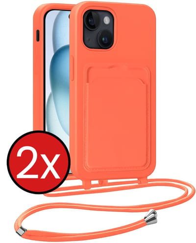 Hoesje Geschikt voor iPhone 15 Plus Hoesje Met Telefoonkoord en Pasjeshouder Siliconen - Hoes Geschikt voor iPhone 15 Plus Hoesje Met Kaarthouder Case - Papaya - 2 PACK